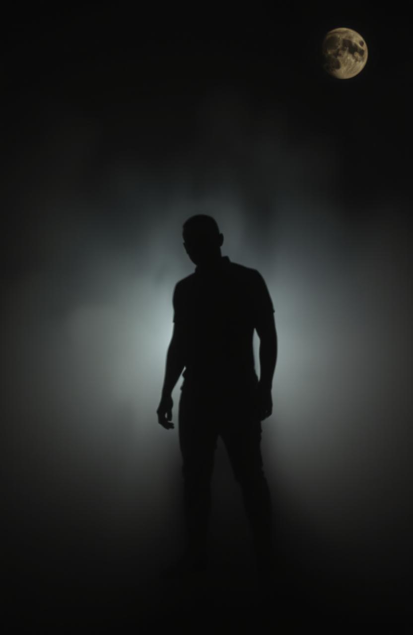 A mysterious and ethereal faded shadow figure standing in a misty environment, half obscured by fog, creating an intriguing and eerie atmosphere