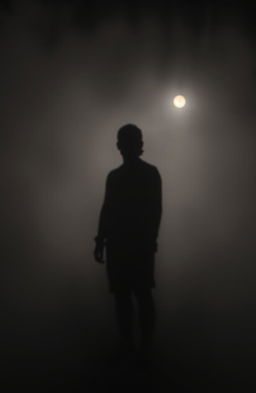 A mysterious and ethereal faded shadow figure standing in a misty environment, half obscured by fog, creating an intriguing and eerie atmosphere