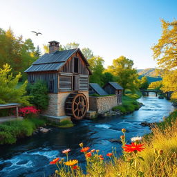 A rustic, charming old mill surrounded by lush green trees and a serene river flowing beside it