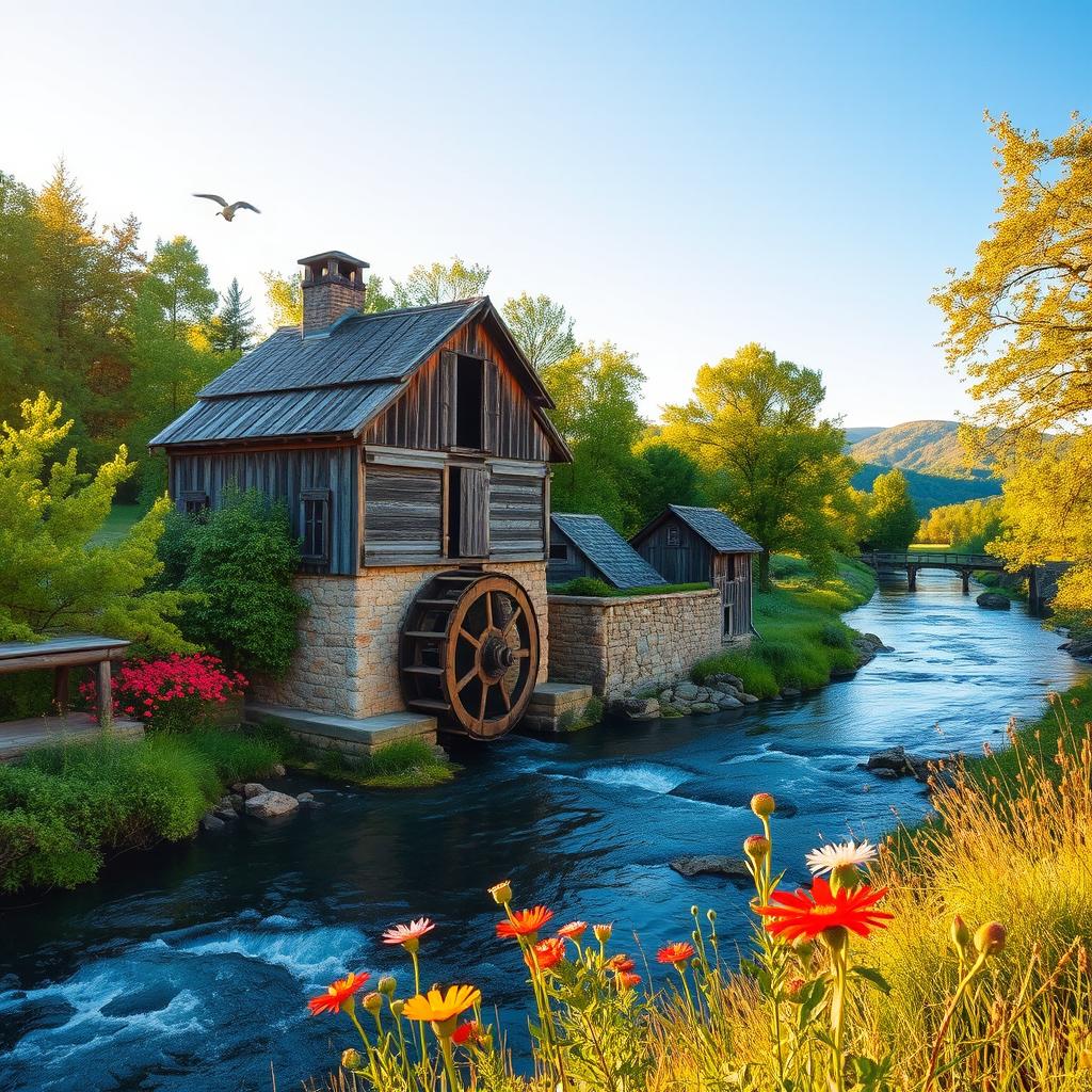 A rustic, charming old mill surrounded by lush green trees and a serene river flowing beside it