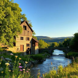 A rustic, charming old mill surrounded by lush green trees and a serene river flowing beside it