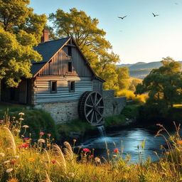 A rustic, charming old mill surrounded by lush green trees and a serene river flowing beside it