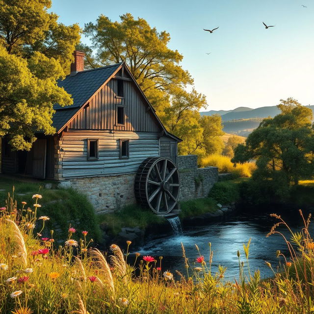 A rustic, charming old mill surrounded by lush green trees and a serene river flowing beside it