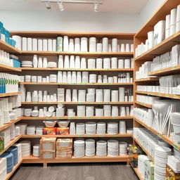 A stylish and modern disposable tableware shop, with neatly organized shelves showcasing a wide variety of disposable items including plates, cups, utensils, and napkins