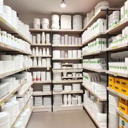 A stylish and modern disposable tableware shop, with neatly organized shelves showcasing a wide variety of disposable items including plates, cups, utensils, and napkins