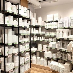 A stylish and modern disposable tableware shop, with neatly organized shelves showcasing a wide variety of disposable items including plates, cups, utensils, and napkins