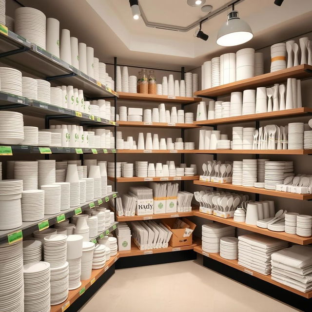 A stylish and modern disposable tableware shop, with neatly organized shelves showcasing a wide variety of disposable items including plates, cups, utensils, and napkins