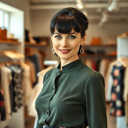 An elegant and attractive Russian woman aged 35 to 45, sporting a modern hairstyle with bangs and luxurious black hair