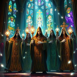 A group of clerics standing together in a holy setting, depicted in a vibrant fantasy art style