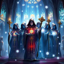 A group of clerics standing together in a holy setting, depicted in a vibrant fantasy art style