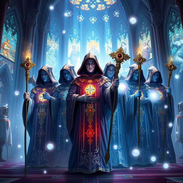 A group of clerics standing together in a holy setting, depicted in a vibrant fantasy art style