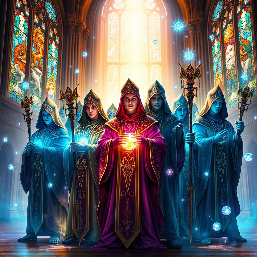 A group of clerics standing together in a holy setting, depicted in a vibrant fantasy art style
