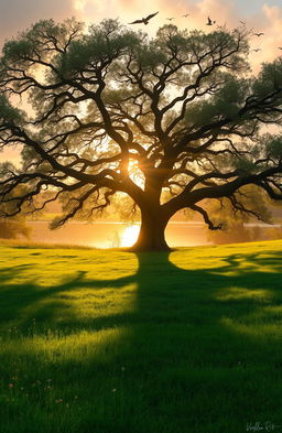 A magical landscape featuring a faded shadow of a large, ancient tree with sprawling branches