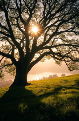 A magical landscape featuring a faded shadow of a large, ancient tree with sprawling branches
