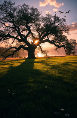 A magical landscape featuring a faded shadow of a large, ancient tree with sprawling branches