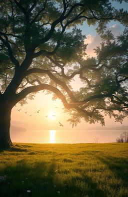 A magical landscape featuring a faded shadow of a large, ancient tree with sprawling branches
