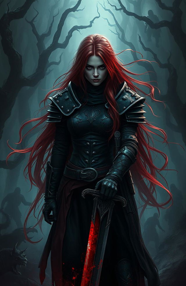 A dark fantasy scene depicting a fierce warrior in the forefront