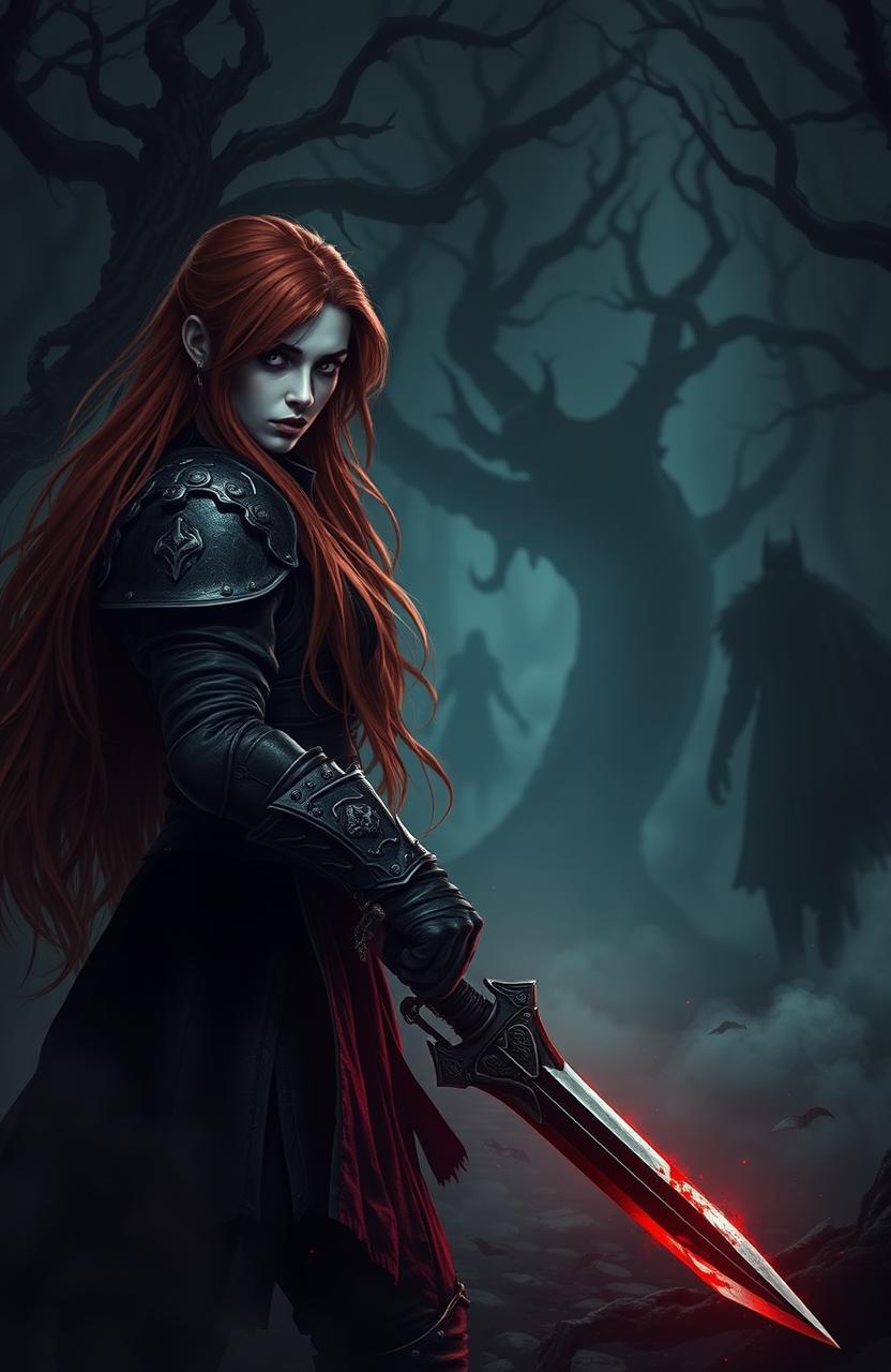 A dark fantasy scene depicting a fierce warrior in the forefront