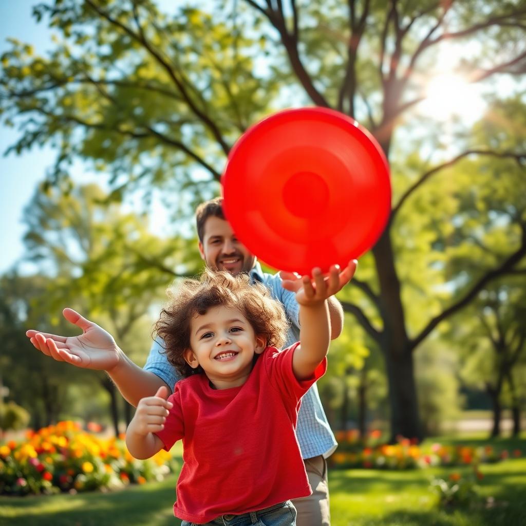 A heartwarming scene of a father and child, playing in a sunny park