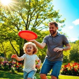 A heartwarming scene of a father and child, playing in a sunny park