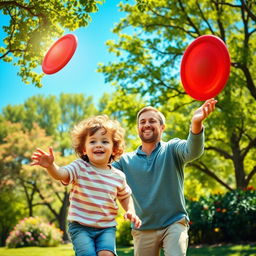 A heartwarming scene of a father and child, playing in a sunny park