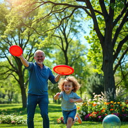 A heartwarming scene of a father and child, playing in a sunny park