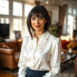 An elegant and alluring Russian woman aged 35 to 45, featuring a trendy hairstyle with bangs and lustrous black hair