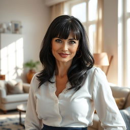 An elegant and alluring Russian woman aged 35 to 45, featuring a trendy hairstyle with bangs and lustrous black hair