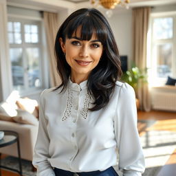 An elegant and alluring Russian woman aged 35 to 45, featuring a trendy hairstyle with bangs and lustrous black hair