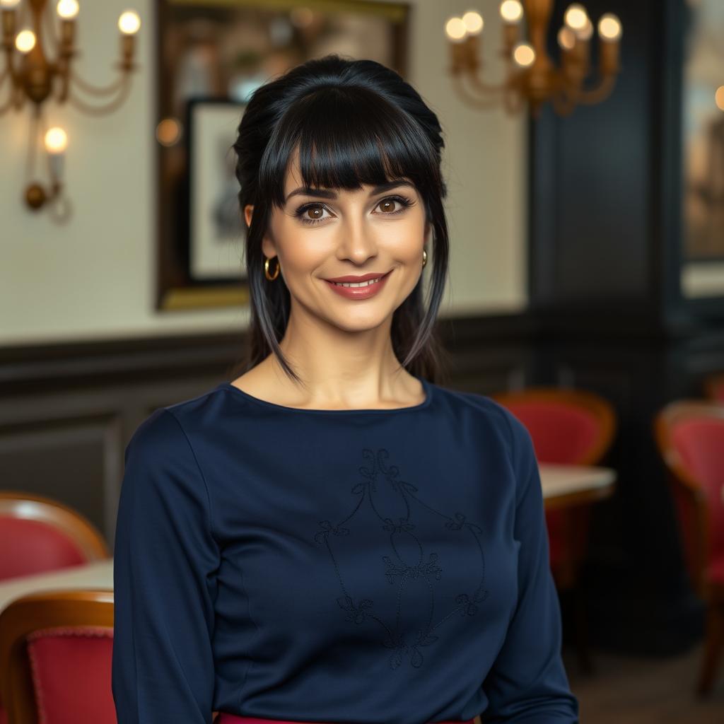 An alluring Russian woman aged 35 to 45 with a fashionable hairstyle featuring bangs and beautiful black hair