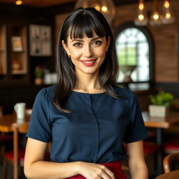 An alluring Russian woman aged 35 to 45 with a fashionable hairstyle featuring bangs and beautiful black hair