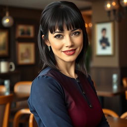 An alluring Russian woman aged 35 to 45 with a fashionable hairstyle featuring bangs and beautiful black hair