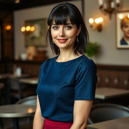 An alluring Russian woman aged 35 to 45 with a fashionable hairstyle featuring bangs and beautiful black hair