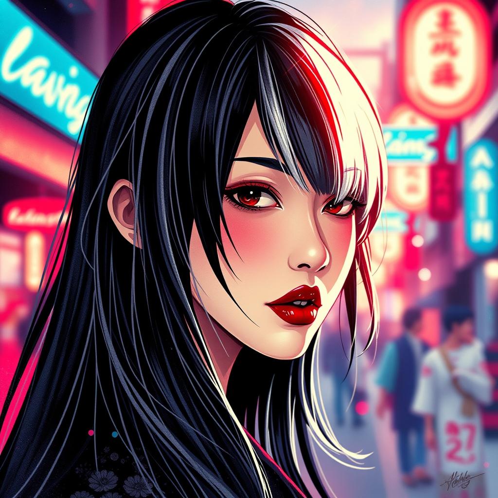 A masterfully crafted OBxiaoxiang inkplash art portrait of a stunning Japanese woman