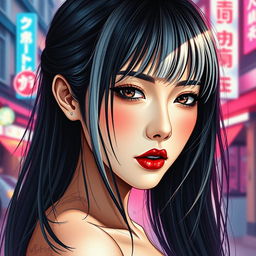 A masterfully crafted OBxiaoxiang inkplash art portrait of a stunning Japanese woman