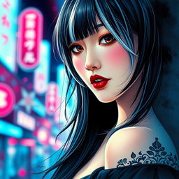 A masterfully crafted OBxiaoxiang inkplash art portrait of a stunning Japanese woman