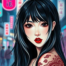 A masterfully crafted OBxiaoxiang inkplash art portrait of a stunning Japanese woman