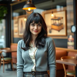 A captivating Russian woman aged 35 to 45, showcasing a stylish hairstyle with bangs and deep black hair