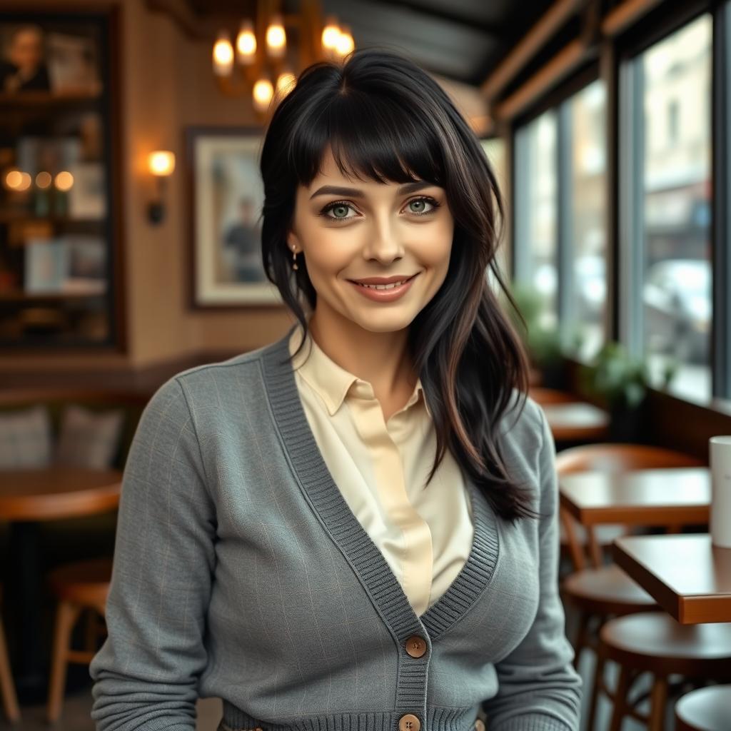 A captivating Russian woman aged 35 to 45, showcasing a stylish hairstyle with bangs and deep black hair