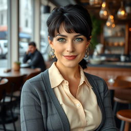 A captivating Russian woman aged 35 to 45, showcasing a stylish hairstyle with bangs and deep black hair
