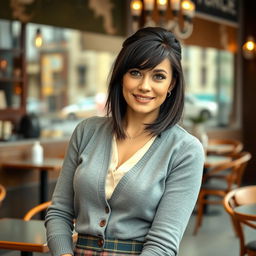 A captivating Russian woman aged 35 to 45, showcasing a stylish hairstyle with bangs and deep black hair