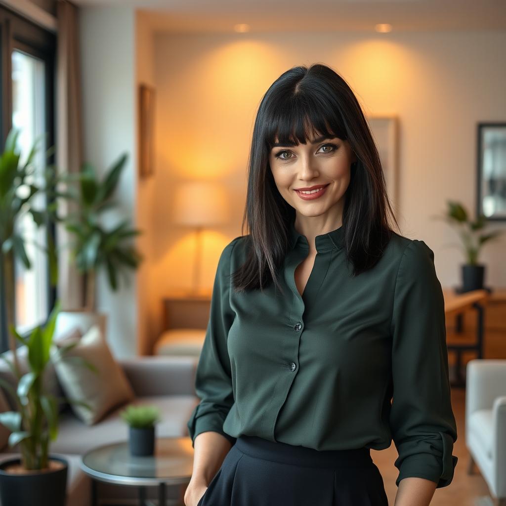 A stunning Russian woman aged 35 to 45, showcasing a chic hairstyle with bangs and sleek black hair