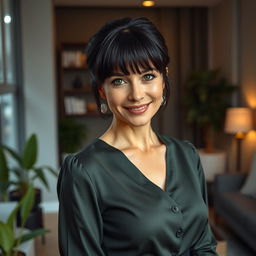 A stunning Russian woman aged 35 to 45, showcasing a chic hairstyle with bangs and sleek black hair