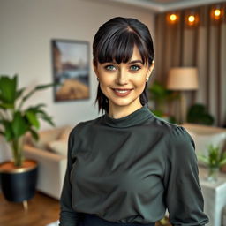 A stunning Russian woman aged 35 to 45, showcasing a chic hairstyle with bangs and sleek black hair