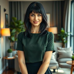 A stunning Russian woman aged 35 to 45, showcasing a chic hairstyle with bangs and sleek black hair