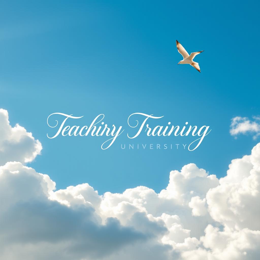 The logo of a Teacher Training University, elegantly designed and written among fluffy, soft clouds in a bright blue sky