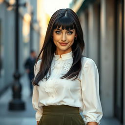A beautiful Russian woman aged 35 to 45, featuring a trendy hairstyle with bangs and sleek black hair
