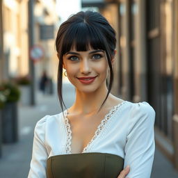 A beautiful Russian woman aged 35 to 45, featuring a trendy hairstyle with bangs and sleek black hair