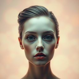 A surrealistic portrait of a person with a serene expression, featuring a unique twist: the eye sockets are empty, creating an eerie yet captivating atmosphere