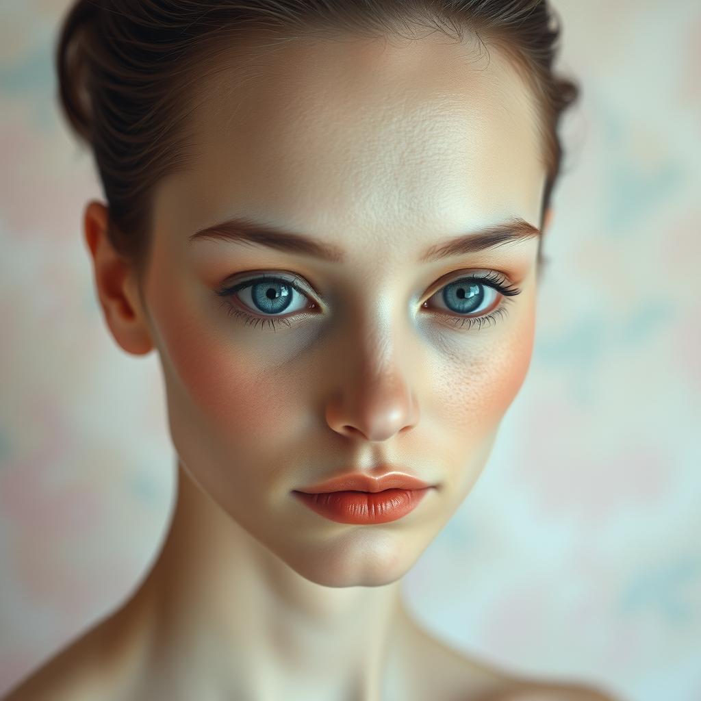 A surrealistic portrait of a person with a serene expression, featuring a unique twist: the eye sockets are empty, creating an eerie yet captivating atmosphere